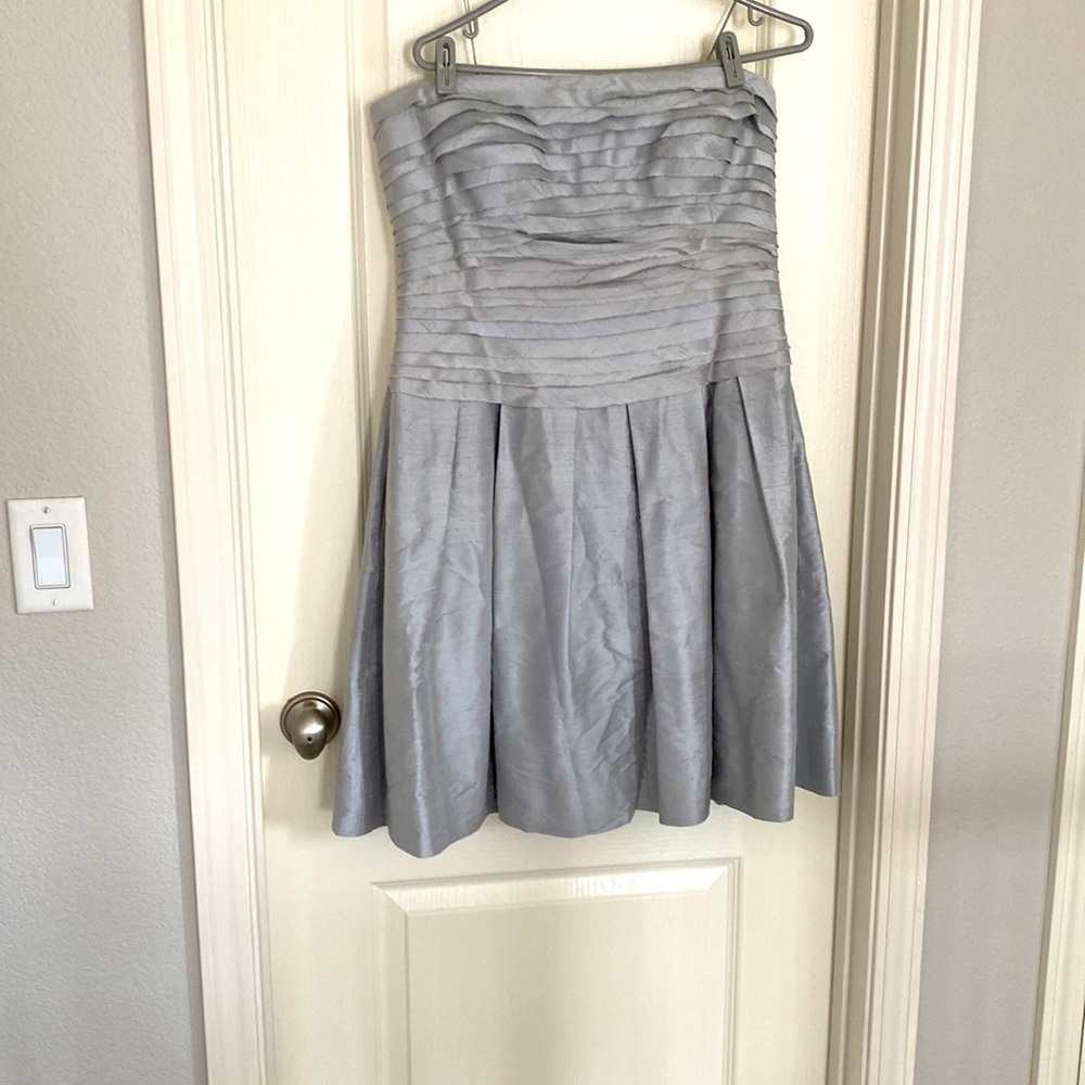 Size 14 silver silk shantung strapless above the knee length dress